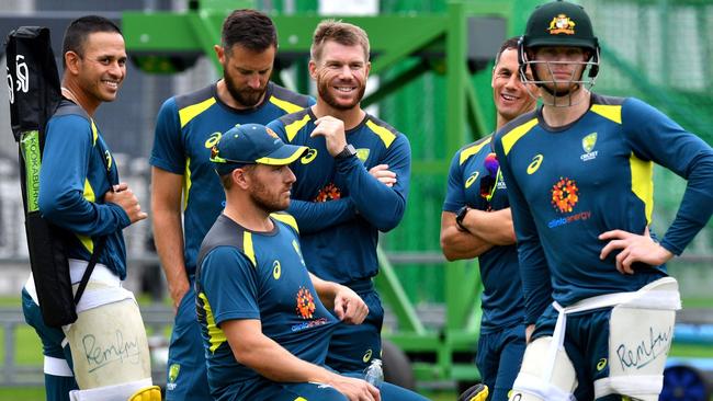 Australia's Usman Khawaja, captain Aaron Finch, David Warner and Steve Smith in the lead-in to their clash with England at the Cricket World Cup. Picture: AFP