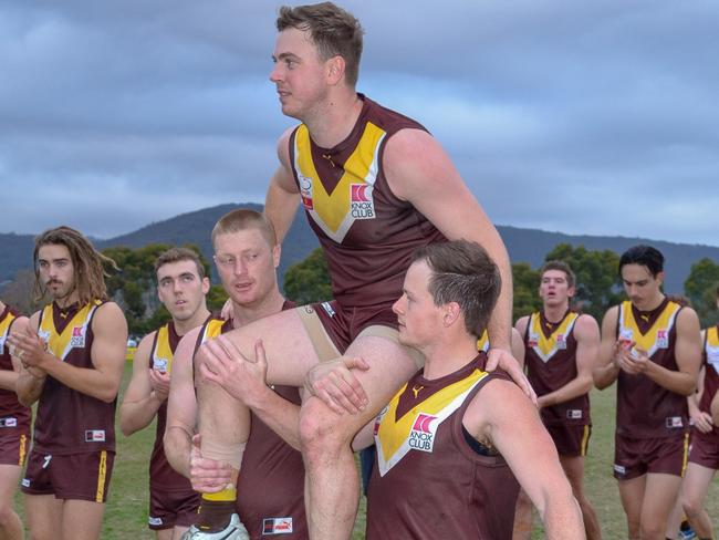 Jess Bolton is chaired off after his final game for Boronia. Picture: David Nicholas