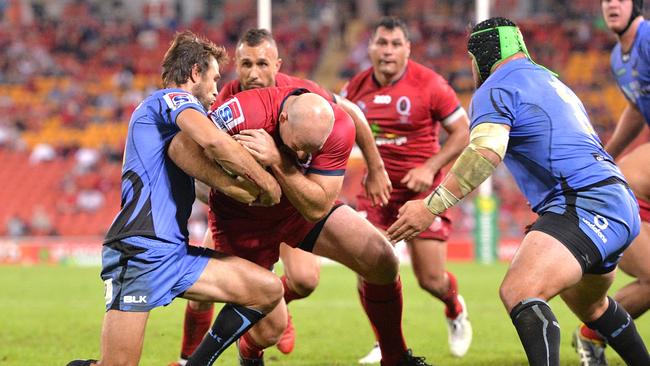 Stephen Moore of the Reds had words with Wallabies teammate Adam Coleman.