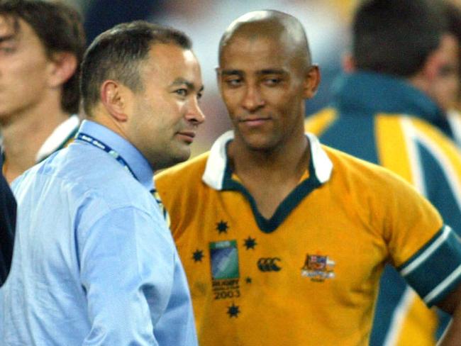 Jones with halback George Gregan after the loss. Picture: Gregg Porteous