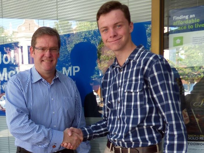 Member for Toowoomba South John McVeigh congratulates teenager Bradley Evans on his appointment as the Queensland Youth Parliament representative for Toowoomba South. . Picture: Photo Contributed