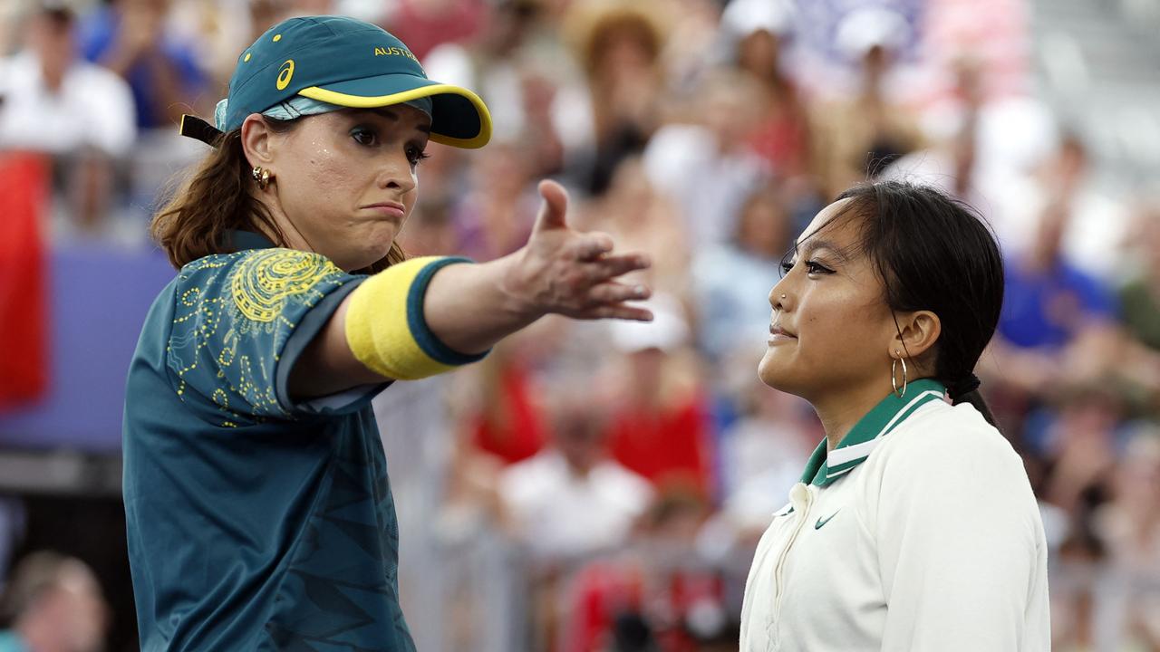 Australia's Rachael Gunn (L), known as Raygun gestures next to US' Logan Edra, known as Logistx, during their battle. Picture: AFP