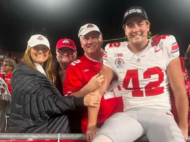 Joe McGuire with his parents Carla and Eddie at the Rose Bowl. Picture: Supplied