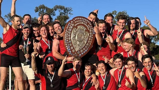 Orroroo celebrates its unlikely 2023 premiership. Picture: Orroroo Football Club