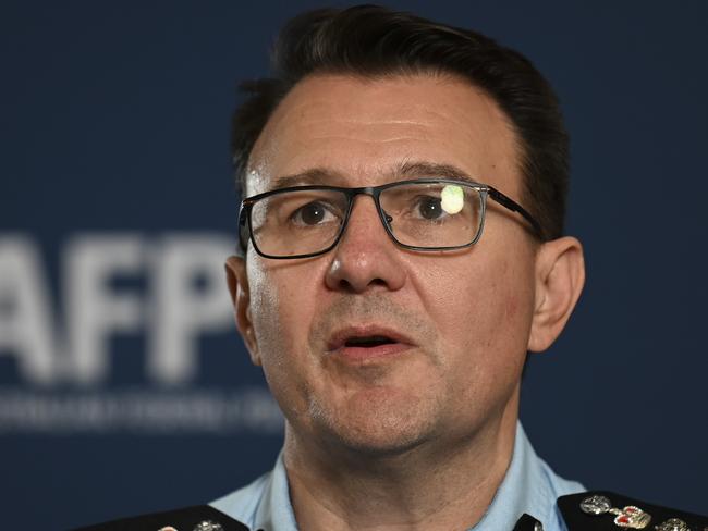 CANBERRA, AUSTRALIA - NOVEMBER 11: AFP Commissioner Reece Kershaw makes a statement regarding the current investigation into the Medibank data breach at AFP Headquaters in Canberra. Picture: NCA NewsWire / Martin Ollman