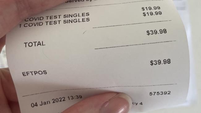 The receipt for two Innoscreen tests purchased as individual tests outside of their original multipack at the Pharmacy4Less in Sydney’s south.