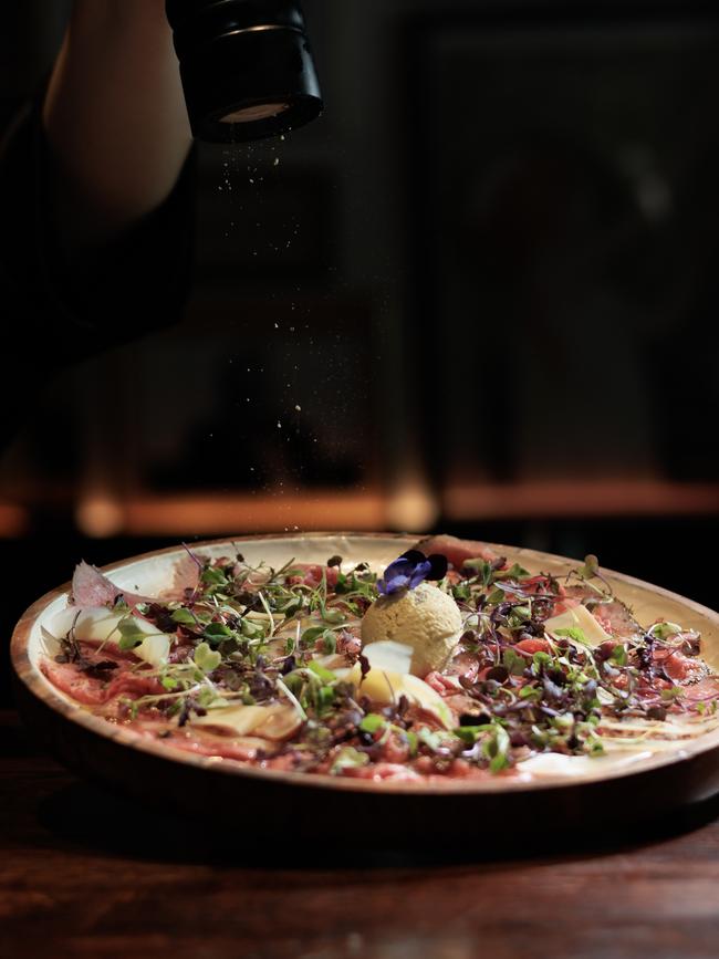 Roast beef carpaccio with mustard ice-cream at Le Pas Sage bistro, Adelaide