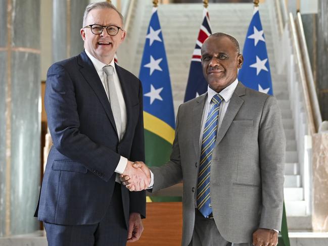 CANBERRA, Australia - NewsWire Photos - June 26, 2024: Prime Minister Anthony Albanese welcomes the Prime Minister of the Solomon Islands, The Hon Jeremiah Manele MP to Parliament House in Canberra. Picture: NewsWire / Martin Ollman