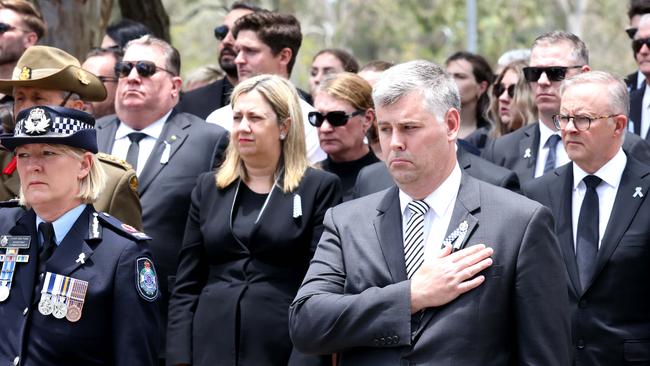 Queensland Police Minister Mark Ryan attends the memorial service with full police honours for fallen police officers Constable Rachel McCrow and Constable Matthew Arnold last December. Picture: Steve Pohlner