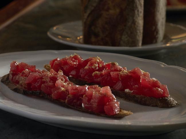 Rosy red tuna lines a toasted baguette, slathered in a spreadable sobrasada (Spanish sausage). Picture: Earl Carter