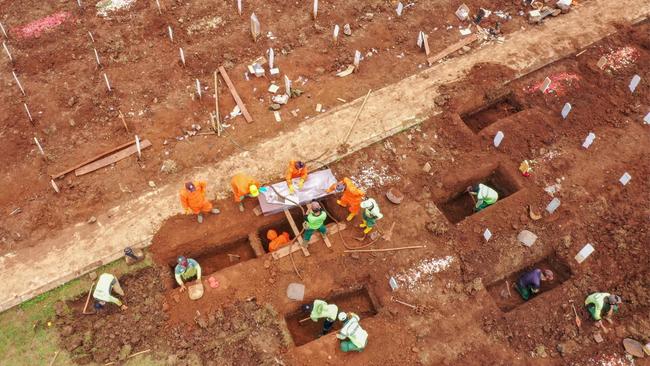 Covid burials at Bambu Apus cemetery in Jakarta last week. Picture: AFP