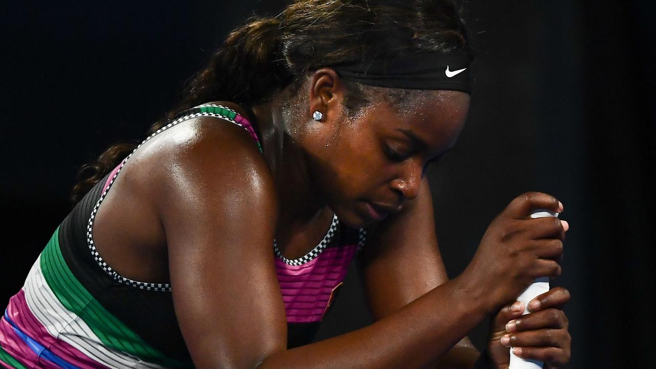 Sloane Stephens reacts after a point against Russia's Anastasia Pavlyuchenkova.