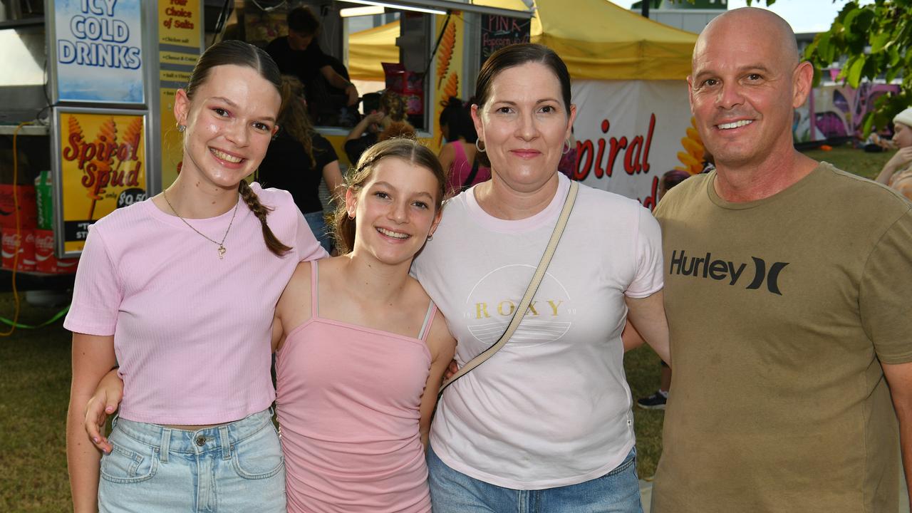 Socials at Pink convert at Townsville's Quensland Country Bank Stadium. Alicia Tuppack and Jeremy Edwards with Mia and Peyton Tuppack. Picture: Evan Morgan