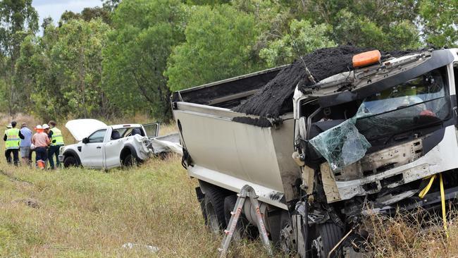 Photos from the scene of an accident involving two trucks and a utility vehicle at Yuruga on the Bruce Highway between Townsville and Ingham. Two men have been badly injured. Picture: Cameron Bates