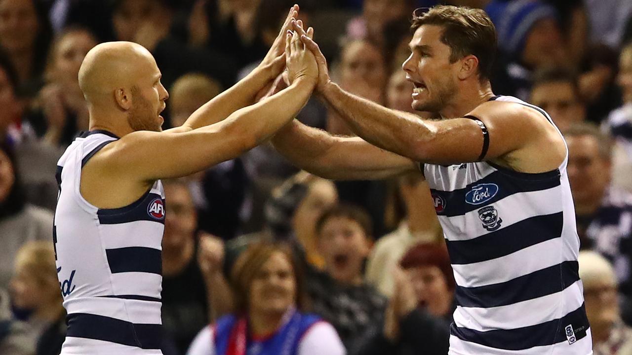 Gary Ablett and Tom Hawkins continue to impress on the Geelong forward line. Picture: Getty Images