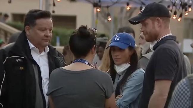 Prince Harry and Meghan Markle visited victims of the Eaton Fire in LA. Picture: FOX 11 Los Angeles