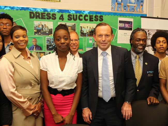 Dressed for success ... Prime Minister Tony Abbott with staff and students at P-Tech High School in Brooklyn, New York City. Picture: Josh Wilson/Office of The Prime Minister