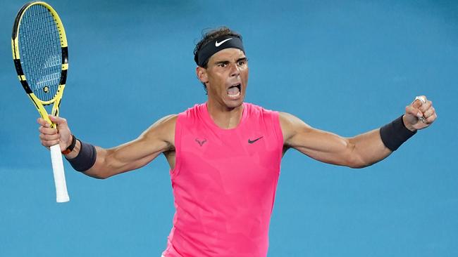 Rafael Nadal of Spain celebrates after winning his fourth round match against Nick Kyrgios. Picture: AAP