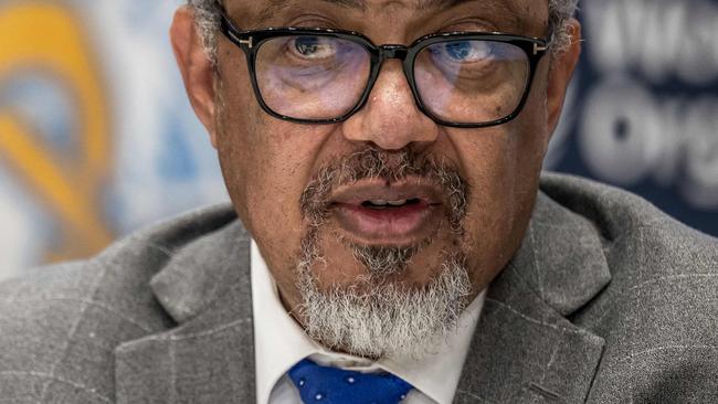 WHO Director-General Tedros Adhanom Ghebreyesus looks on during a press conference with the Association of Accredited Correspondents at the United Nations (ACANU) at the World Health Organization's headquarters in Geneva, on December 10, 2024. (Photo by Fabrice COFFRINI / AFP)