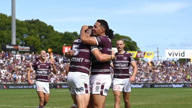 NRL 2023 RD01 Manly-Warringah Sea Eagles v Canterbury-Bankstown Bulldogs – Reuben Garrick, try, celeb NRL PHOTOS