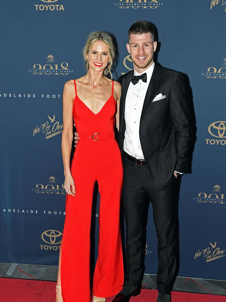 31/08/18 - Bryce Gibbs and Lauren Tscharke on the red carpet at the Adelaide Crows Club Champion Awards at the Adelaide Entertainment Centre.