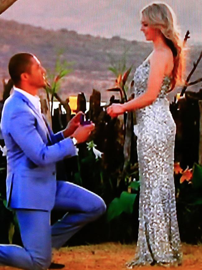 Blake Garvey proposes to Sam Frost. Picture: Jack Tran/The Courier Mail