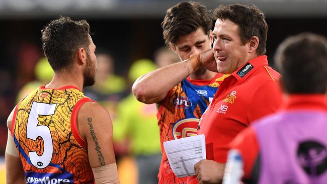 Suns coach Stuart Dew reacts during the loss to Adelaide.