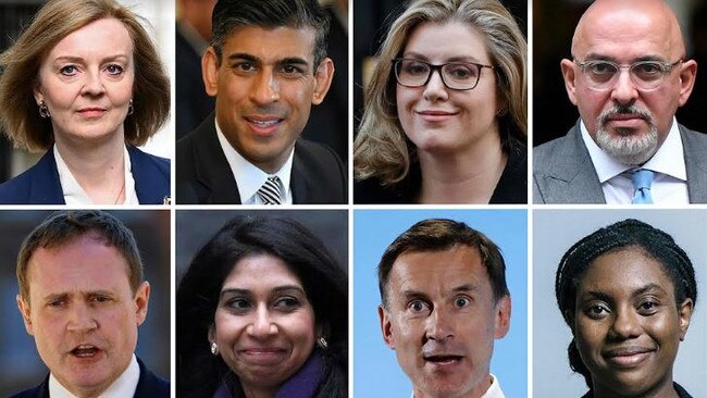 Britain's Conservative leadership candidates (clockwise from top left) Liz Truss, Rishi Sunak, Penny Mordaunt, Nadhim Zahawi, Kemi Badenoch, Jeremy Hunt, Suella Braverman and Tom Tugendhat.