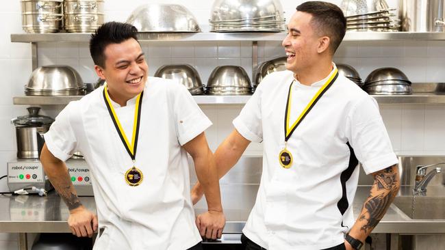 Giles Gabutina and Alessio Nogarotto in the Ryde TAFE kitchen shortly after they were declared winners of the Nestle challenge. Picture: Jordan Shields