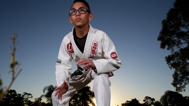 Junior Sports Star nominee Isaiah Lazaro, 14, pictured near the Gracie Barra Blacktown Martial Arts School where he trains in Brazilian Jiu-Jitsu