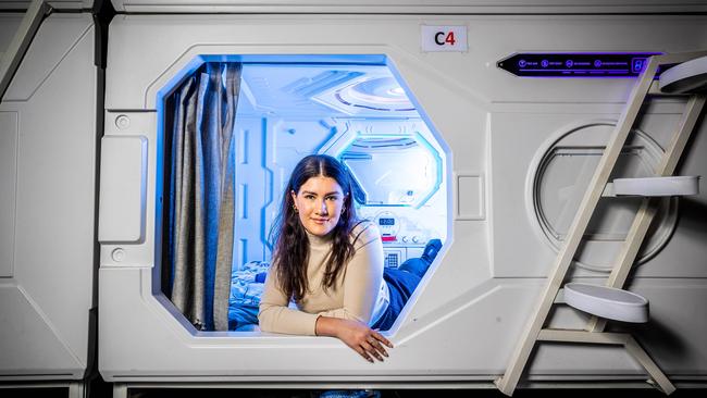 Reporter Emily Holgate spends the night in Melbourne’s viral ‘space pods’. Picture: Jake Nowakowski