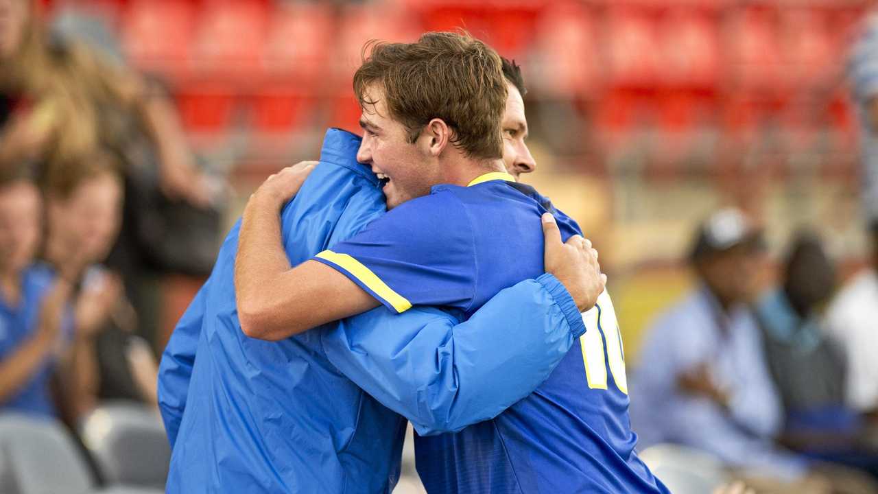 IN CHARGE: Thiago Kosloski (left) celebrates a goal with Nykodah Smith. Kosloski, who briefly served in an advisory role during the 2016 season, is now the NPL club's head coach. Picture: Nev Madsen