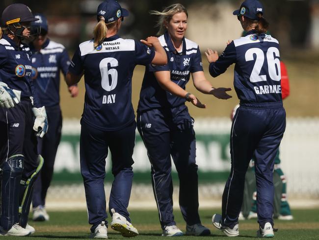 Victoria’s Rhiann O’Donnell of Victoria celebrates a wicket. Picture: Getty Images