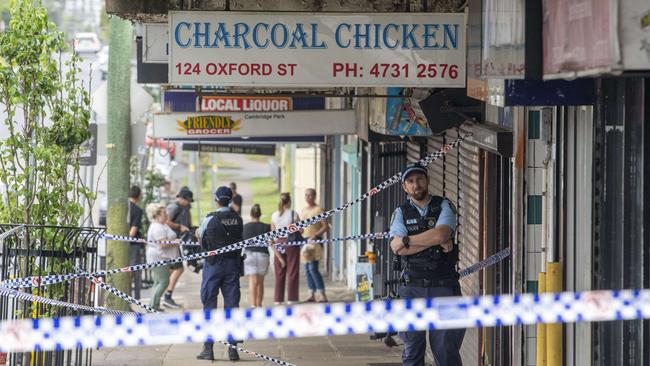 A crime scene is established in Oxford Street, Cambridge Park after two bodies were found. Picture: NewsWire/Simon Bullard