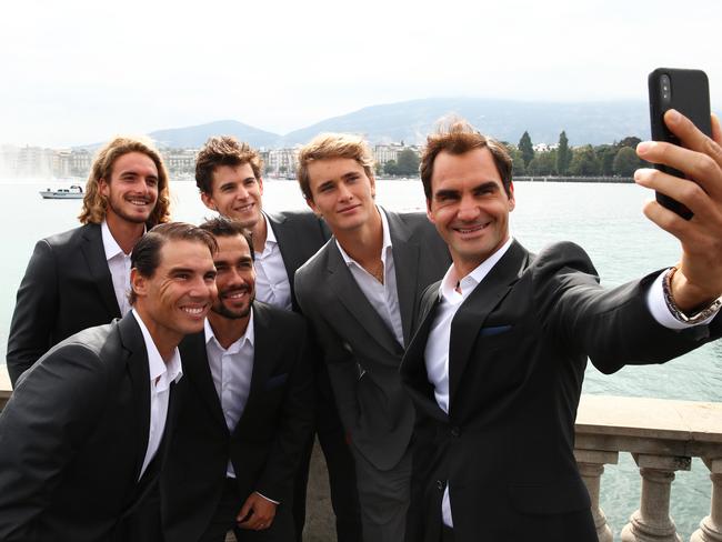 GENEVA, SWITZERLAND - SEPTEMBER 18: Roger Federer of Team Europe takes a selfie with teammates Alexander Zverev, Dominic Thiem, Fabio Fognini, Stefanos Tsitsipas, and Rafael Nadal prior to the Laver Cup 2019 at Palexpo, on September 18, 2019 in Geneva, Switzerland. (The Laver Cup consists of six players from the rest of the World competing against their counterparts from Europe. John McEnroe will captain the Rest of the World team and Europe will be captained by Bjorn Borg) The event runs from 20-22 Sept. (Photo by Clive Brunskill/Getty Images for Laver Cup)