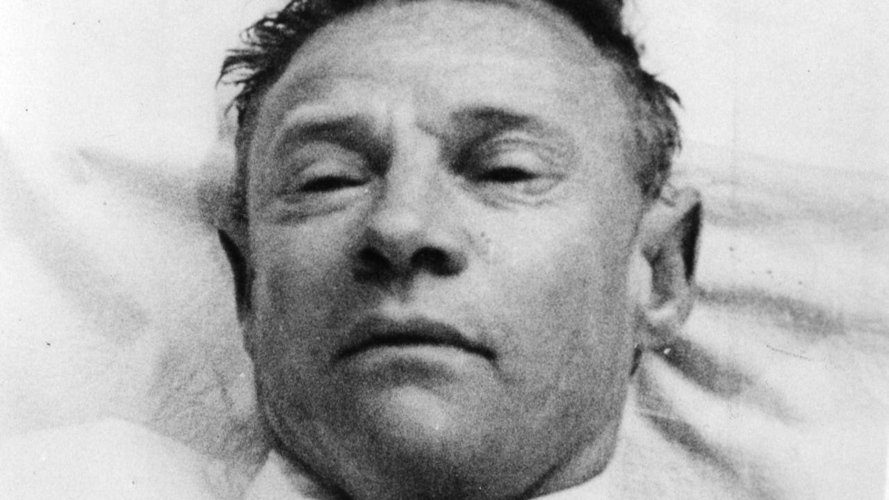 Photographic reconstruction by Police Photographer Durham of the body of the unknown man found dead on Somerton Beach which was released to the press 03 Dec 1948.