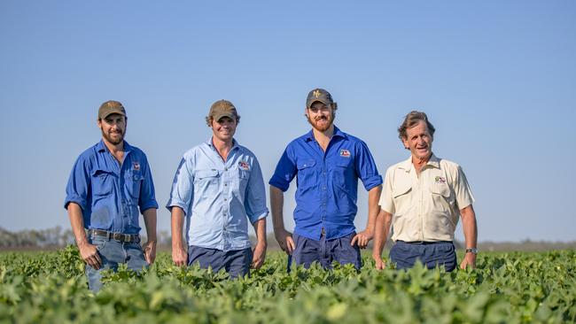 Cotton boll: Matt, Sam and Daniel Kahl with their father James in their cotton crop near Wee Waa in NSW. Picture: Joshua Smith