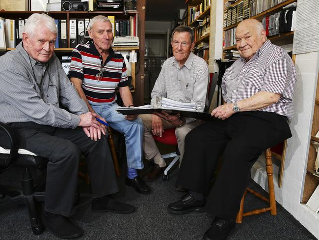 Retired military men Neil Smith, 84, Frank Fitzpatrick, 81, Andrew Burgess, 72, and Jack Garcia, 83, in their 'War Room' at The Landings retirement village, North Turrumurra. Picture: Justin Lloyd.