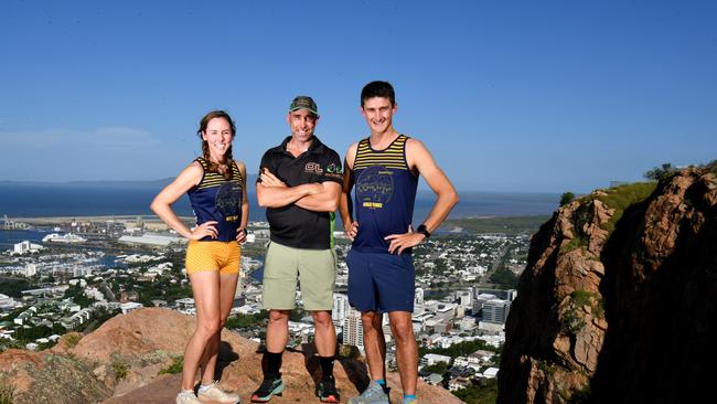 Runners Carmen Ritter and Mitch Nissen, with event organisor Sam Steadman (centre) will be vying for line honours and $1600 in prizemoney in The Goat this Friday before tackling the Castle Hill Trail Run on Sunday. Picture: Evan Morgan