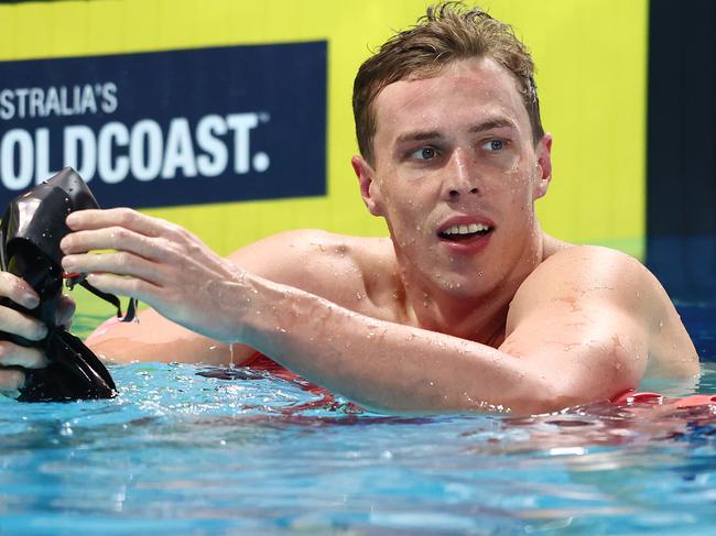 GOLD COAST, AUSTRALIA - APRIL 18: Zac Stubblety-Cook celebrates winning the Men's 200m Breaststroke Final during the 2024 Australian Open Swimming Championships at Gold Coast Aquatic Centre on April 18, 2024 in Gold Coast, Australia. (Photo by Chris Hyde/Getty Images)