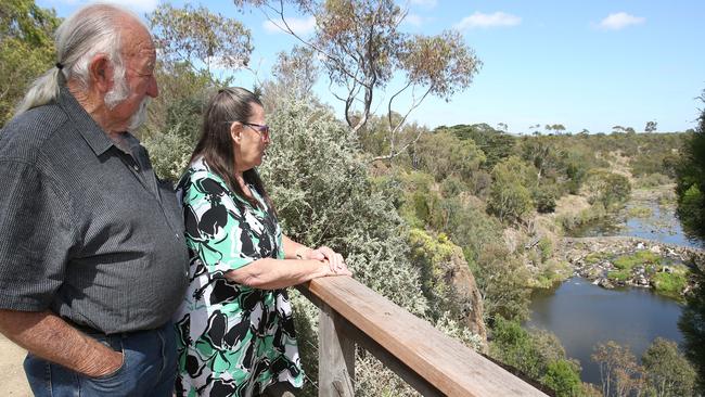 Terry and Pam Bolton looking over Buckley Falls. They say the area is ripe for more fishing facilities. Corangamite Catchment Management Authority (CMA) has been awarded a $1.67 million grant for addressing barriers to fish passage on the lower Barwon and Moorabool rivers. Picture: Alan Barber