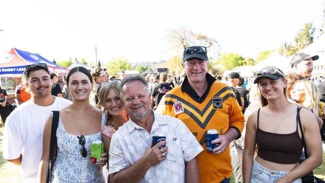 Southern Suburbs supporters (from left) Koby Jackson, Cassidy Forster, Julie Forster, Brad Fiedler, Pat Fitzgerald and Mel Lloyd on TRL grand final day at Toowoomba Sports Ground, Saturday, September 14, 2024. Picture: Kevin Farmer