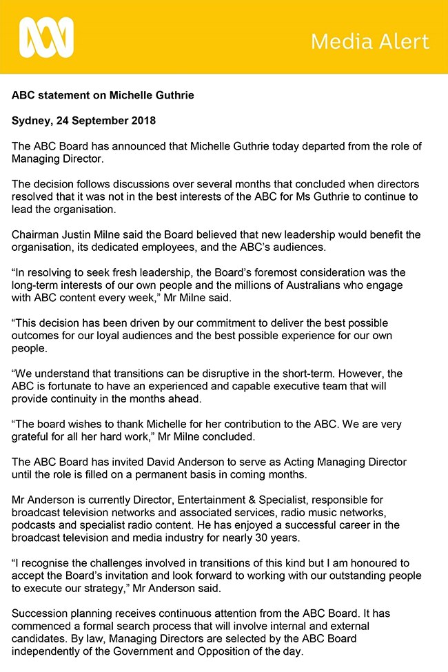 ABC statement on Michelle Guthrie