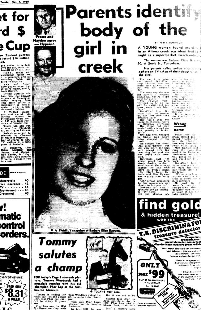 Newspaper coverage of the 1980 murder of Barbara Dawson. Page from newspaper 'The Sun'. Melbourne. November 4, 1980. Kororoit Creek, Altona.