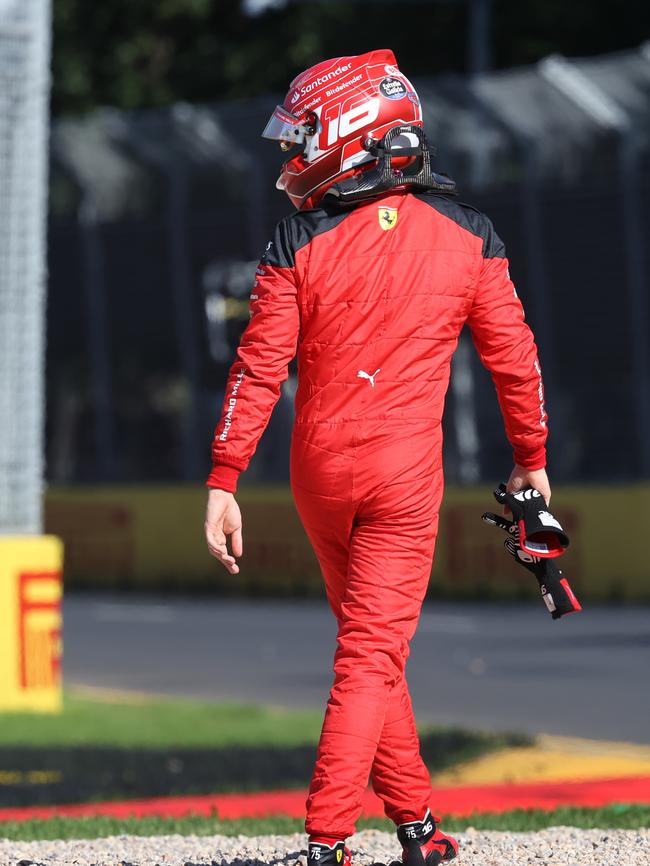 Charles Leclerc looks back at his car after spinning out. Picture: David Caird