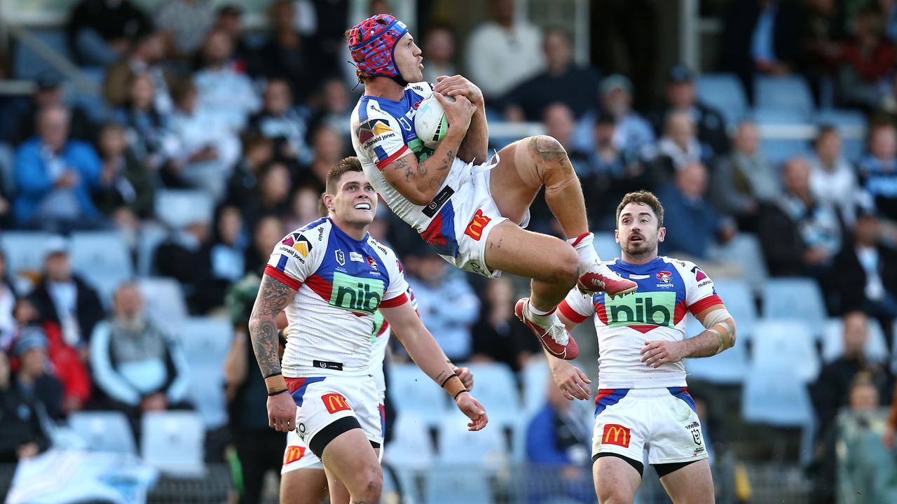 Kalyn Ponga catches the ball during the round four NRL match between the Cronulla Sharks and the Newcastle Knights. Getty