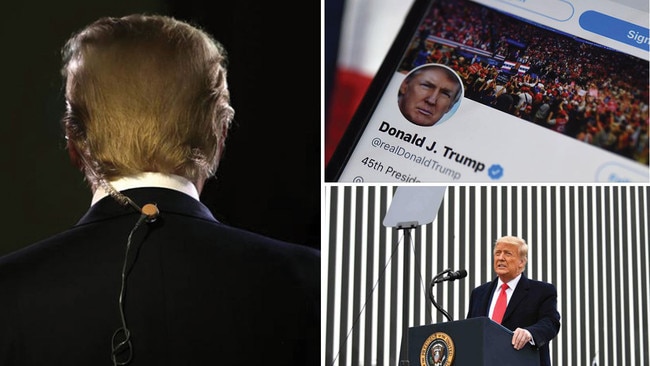 Outgoing US President Donald Trump left, used social media like no other leader until his account was disabled, top right, and partially delivered his promise of a vast wall along the Mexican border. Pictures: AFP