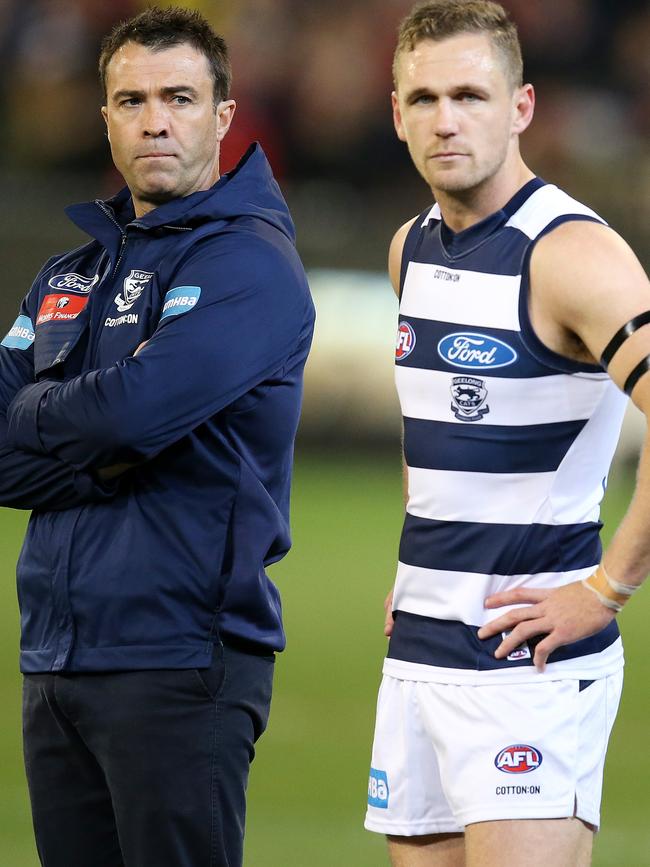 Geelong coach Chris Scott and skipper Joel Selwood. Picture: Michael Klein