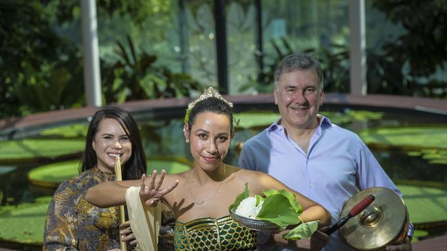 Musician Hannah Tunstill, dancer Katrina Lucas and composer David Kotlowy will perform Flora Bora with instruments from Central Java inside the Amazon Waterlily Pavilion of the Adelaide Botanic Garden. Picture: Roy VanDerVegt