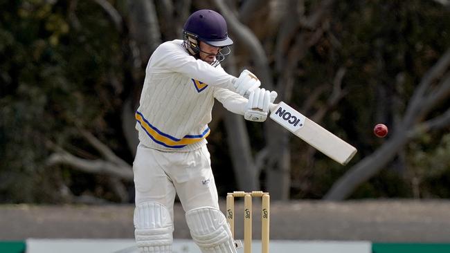 Ringwood’s David King edges one to the keeper off the bowling of McNichol during the Premier cricket match between Greenvale Kangaroos and Ringwood.